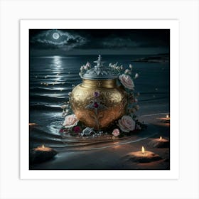 A golden jar on beach under moonlight 2 Art Print