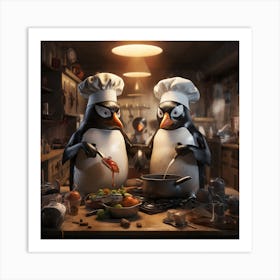 Penguins In The Kitchen Art Print