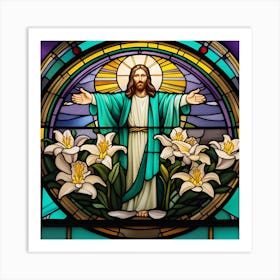 Jesus Christ on cross with lilies stained glass window Art Print