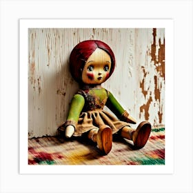 Antique Vintage Wooden Doll With Red Hair Art Print