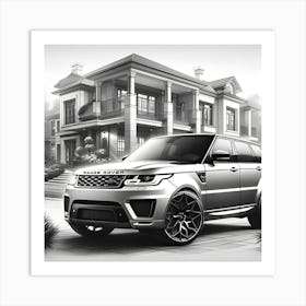 A Pencil Drawing Of A Range Rover Sport In Front Of A Beautiful Modern Mansion 2 Art Print