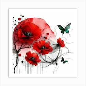 Poppies And Butterflies Art Print