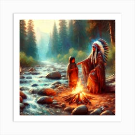 Oil Texture Native American Mother And Daughter By Stream Copy Art Print