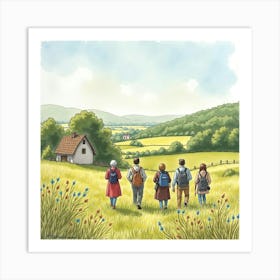 Watercolor Depiction Of Romanian People Exploring English Countryside 1 Art Print