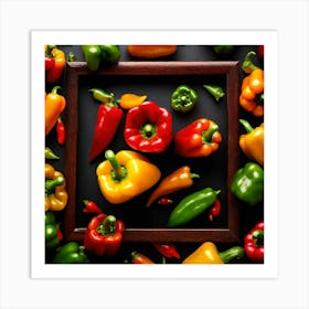 Colorful Peppers In A Wooden Frame 5 Art Print