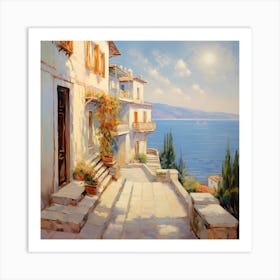 AI Golden Serenity: Monet's Echo in the Italian Riviera Art Print  Art Print