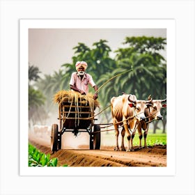 An Indian Farmer Ploughing The Field With Bullock Cart Art Print