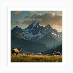 Deer Grazing On Mountains Land Art Art Print