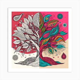 "Vibrant Vitality" is a vivid representation of life and energy, as seen through the duality of monochrome and color. This artwork features a tree that transitions from intricate black and white patterns to a burst of colorful foliage, signifying growth and vibrancy. The detailed paisleys and mandalas that float around the tree add a touch of whimsy and spirituality. This piece is perfect for those looking to infuse their space with color, energy, and a bohemian spirit. It’s an invitation to celebrate diversity and the richness of life, making "Vibrant Vitality" an ideal choice for anyone who desires a daily dose of inspiration and joy through art. Art Print