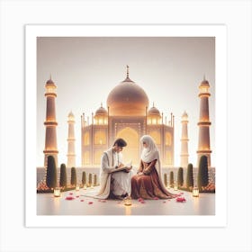 Muslim Couple In Front Of Taj Mahal Art Print