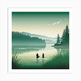 Couple Walking By The Lake Art Print