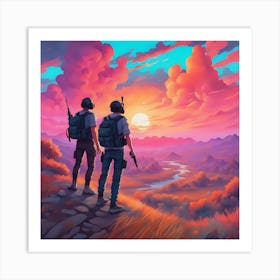 Two Soldiers Looking At The Sunset Art Print