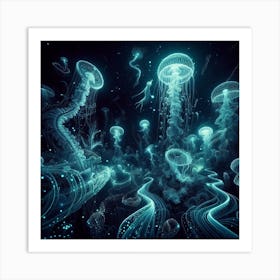 Whispers of the Deep: Bioluminescent Dreams in Watery Depths Art Print