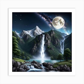 Full Moon Over Waterfall Art Print