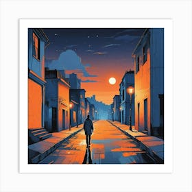 Night Scene Of A Street With A Person Walking Down The Street Art (1) Art Print