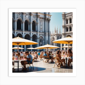 People Sitting At Tables In A Square Art Print