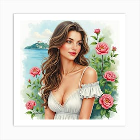 A Lovely Greek Woman In Watercolor, Framed By The Beauty Of A Blooming Island Garden 1 Art Print