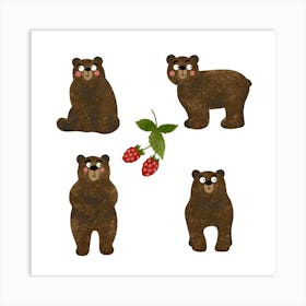 Set of brown bears with raspberries Art Print