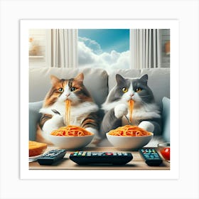 Two Cats Are Sitting On A Couch, Eating Spaghetti And Watching Tv3 Art Print