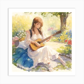 Beautiful Woman Playing Guitar In The Garde 0 (1) Art Print