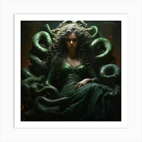 In A Painterly Tableau Medusa Reclines On A Throne Of Snakes Her Alabaster Skin And Emerald Eyes Art Print