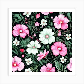 Floral Fantasia A Vibrant Pattern Bursting With Baby Pink White And Dark Pink Greenflowers Pink Flowers On Black Background Art Print