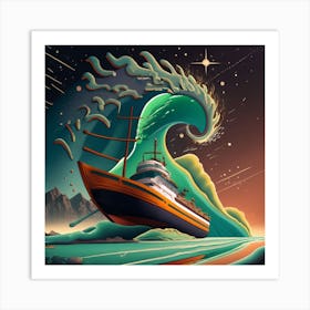 Ship on a tsunami wave 3 Art Print