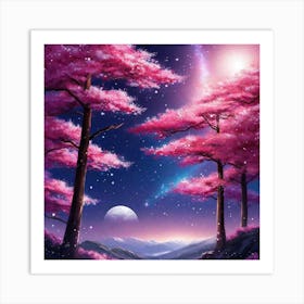 Pink Trees In The Night Sky Art Print