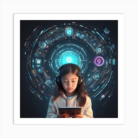 Girl With Headphones Using A Tablet Art Print