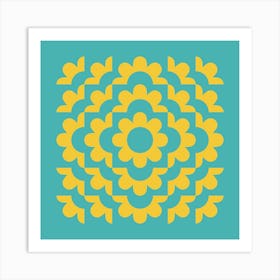 Midcentury Modern Abstract Geometric Flower Pattern Floral in blue teal mustard 3 Art Print