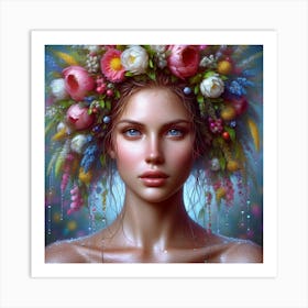 Beautiful Girl With Flowers On Her Head Art Print