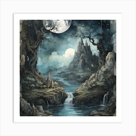 Moonlight Over A Waterfall Art Print