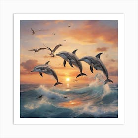 Sunset and Dolphins 1 Art Print