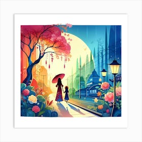 Asian Girl With Umbrella Art Print