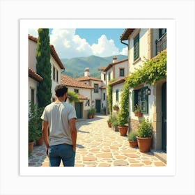 Spanish Man In A Scenic Village, Watercolor With Tranquil Surroundings 1 Art Print