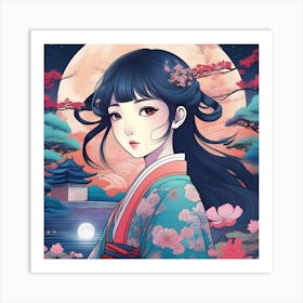 Asian Girl infront of Full Moon Art Print