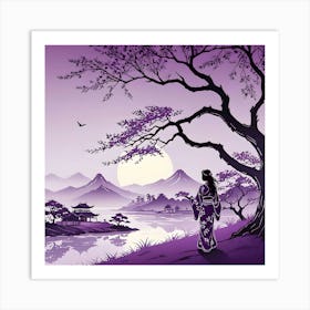 Chinese Landscape with Silhouette of Woman Under a Tree, Purple Art Print