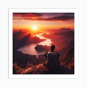 Man Sitting On Top Of Mountain At Sunset 1 Art Print