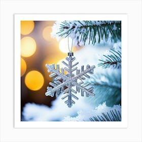 Glossy Snowflake Ornament Dangling From A Needle Of A White Fir Tree Dusted With Fresh Snow Backdr (3) Affiche