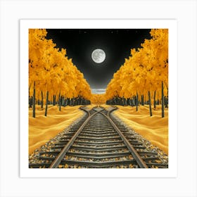 Golden Woods Tranquil Train Tracks Beneath A Full Moon Sky (1) Art Print