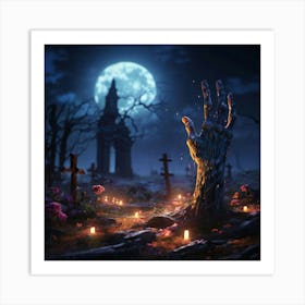 Pixar Zombie Arm Rising Up From The Ground Grave Yard Sceen Moon Light Spooky Art Print