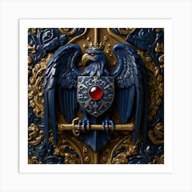 A mesmerizing coat of arms, featuring a striking eye at its center, is primarily adorned in the regal color of midnight blue. Two majestic griffins stand proudly on either side, with crossed weapons beneath them, all against a background shield. This detailed image, reminiscent of a medieval painting, exudes a sense of power and mystery. The craftsmanship is impeccable, with intricate details that command attention. The rich hues and intricate design make it a truly captivating and commanding piece of art. 3 Art Print