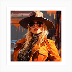 Futuristic Girl In A Hat in Cyberpunk Futuristic Enviroment Art Print