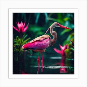 Jungle Colours, Pink and Red Wading Bird Art Print