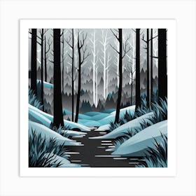 Winter Forest, Forest, forest  illustration, forest in winter, forest vector art, forest painting, dark forest, landscape painting, nature vector art, Forest Sunset art, trees, pines, spruces, and firs, black, blue and white Art Print