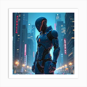 Cybernetic Warrior In A Futuristic Cityscape At Night, Watercolor Art 1 1 Art Print