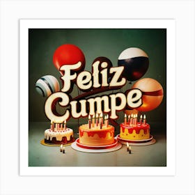 Feliz cumple and Feliz cumpleaños sign means Happy Birthday in Spanish language, Birthday party celebration gift with birthday cake candle colorful balloons best congratulation over light background wall artFeliz Cumple 46 Art Print