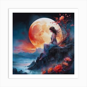 Girl Watching Full Moon Art Print