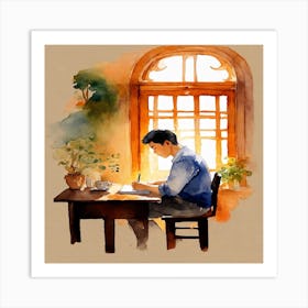 Watercolor Of A Man Writing 2 Art Print