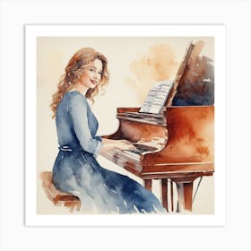 Watercolor Girl Playing Piano 1 Art Print